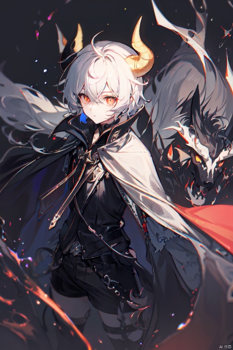 Black short hair, 16-year-old male, identity as a demon king, with devil horns and red eyes. Clad in a loose black great cape, wearing minimally, a tight leather vest, and hot shorts underneath, a yellow crown on his head, expression is charming and playful with heart-shaped pupils. The image is crafted in a fantasy art style, with vivid color contrasts, rich details, and soft, enchanting lighting effects. High-definition quality, --ar 16:9.