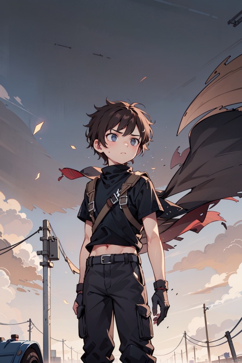 A 16-year-old boy with brown hair that flows in the wind, dressed in lightweight, predominantly black clothing that reveals his strong arms, wearing simple and practical cargo pants. Set in a desolate post-apocalyptic wasteland, his gaze is serious but warm, reflecting the resilience of youth and a longing for the future.