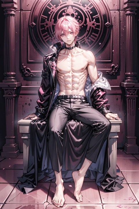 Pink-haired male demon, with beautiful pink eyes, slender yet athletic figure with distinct pectoral muscles, black form-fitting pants, casually wearing an open long leather jacket, barefoot, sporting pink nail polish reflecting his personality, surrounded by the enigmatic ambiance of an ancient gothic castle. full body,topless,chest,medium hair,mullet