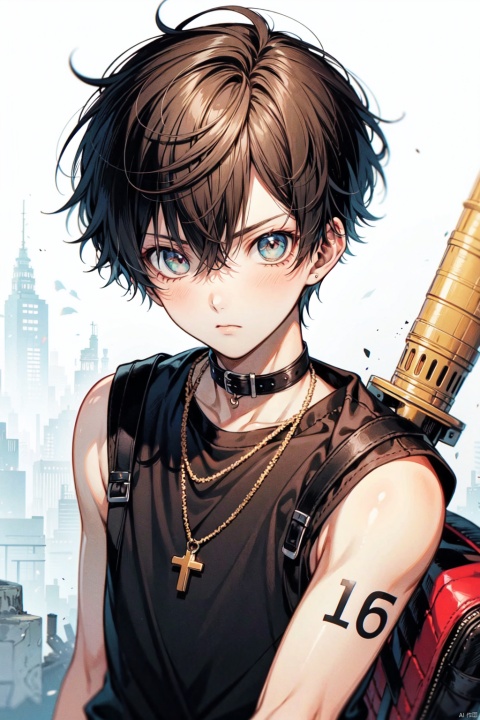 A 16-year-old boy with loose brown hair, dressed in primarily black sleeveless attire exposing his robust arms, wearing black cargo pants, his outfit is lightweight and suitable for the post-apocalyptic setting. His gaze is serious but with a hint of gentleness, highlighting the youthful determination and a soft hope for the future in the desolate world., penis, Swordman,, Swordman, 1boy, shine eyes01,portrait,brown-hair, 1male