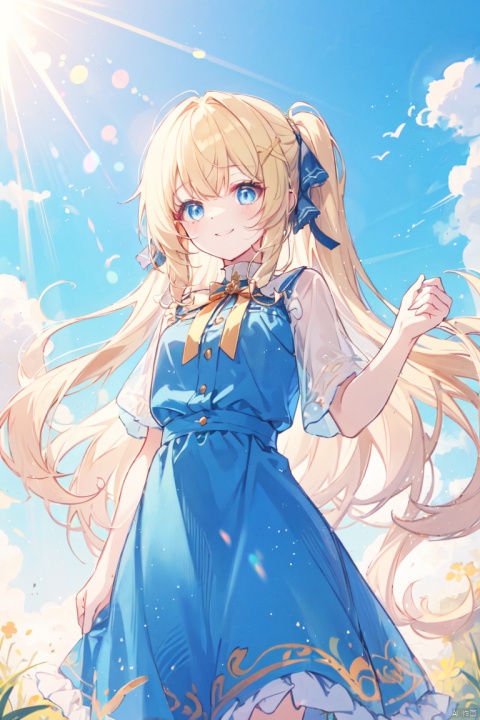 Golden-haired 20-year-old girl with two long, lively ponytails, perky locks on either side of her bangs, and bright blue eyes. With a cheerful and gentle personality, she stands under the sunlight, her smile radiant and dazzling.