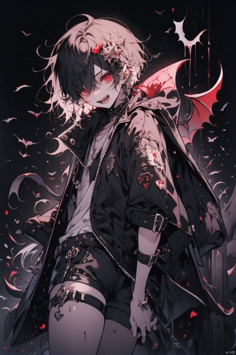 In the profound darkness of the forest's depths, a black-haired, short-haired demon boy emperor, dressed in a low-cut tight vest and shorts, with a grand leather greatcoat draped over them, bare legs adorned with delicate leg bands. His leather attire clings to his skin, highlighting his strong and powerful physique, while the crown on his head declares his supreme status. The demon wings at his back loom in the darkness, as if ready to take flight at any moment. He laughs widely, revealing his sharp fangs, his blood-red eyes gleaming with madness in the darkness, and his morbid, maniacal smile exudes an irresistible evil charm. His shrill, mad laughter, filled with the twisted emotions of a yandere, pierces the silence of the forest, sending chills down the spine. His presence symbolizes endless darkness and bloodlust, his half-closed eyes looking down upon the world with disdain, his evil and power accentuated by the leg bands on his bare legs..crazy smile, open mouth,sharp teeth, l,black_hair, 1boy