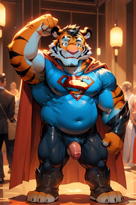  nsfw，chubby，a baby boy，cule，tigger，One-piece tights，Red cape，Superman，superhero，smile，