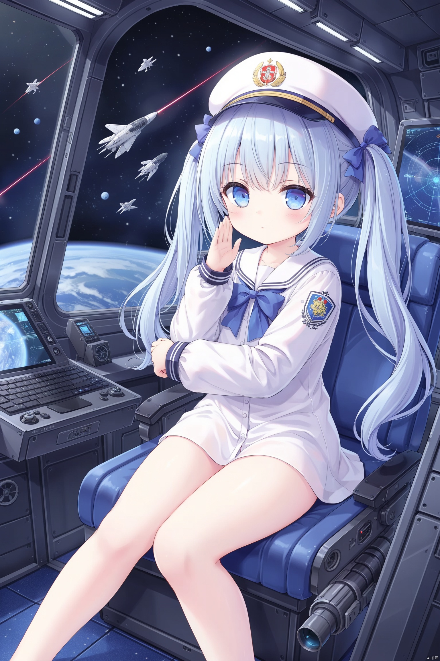 twintails,(loli), 1girl, solo, long_hair,Science Fiction Style, looking_at_window, blue_eyes,Cockpit, Window, Spaceship, Space Warship, Laser Cannon, Space Warsuit, Hat, Emblem, Space, Space Warfare, shirt,shirt bow,Salute, Full of vitality,huging stuffed sharkd,military uniform,ribbon,Screen, strategy map, commander,bottomless,