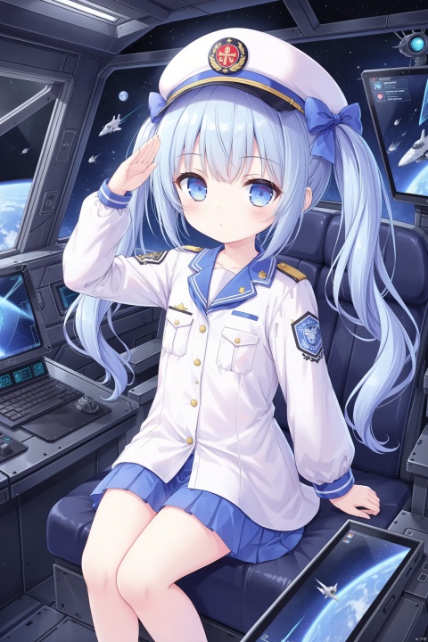 twintails,(loli), 1girl, solo, long_hair,Science Fiction Style, looking_at_viewer, blue_eyes,Cockpit, Window, Spaceship, Space Warship, Laser Cannon, Space Warsuit, Hat, Emblem, Space, Space Warfare, shirt,shirt bow,Salute, Full of vitality,huging stuffed sharkd,military uniform,ribbon,Screen, strategy map, commander