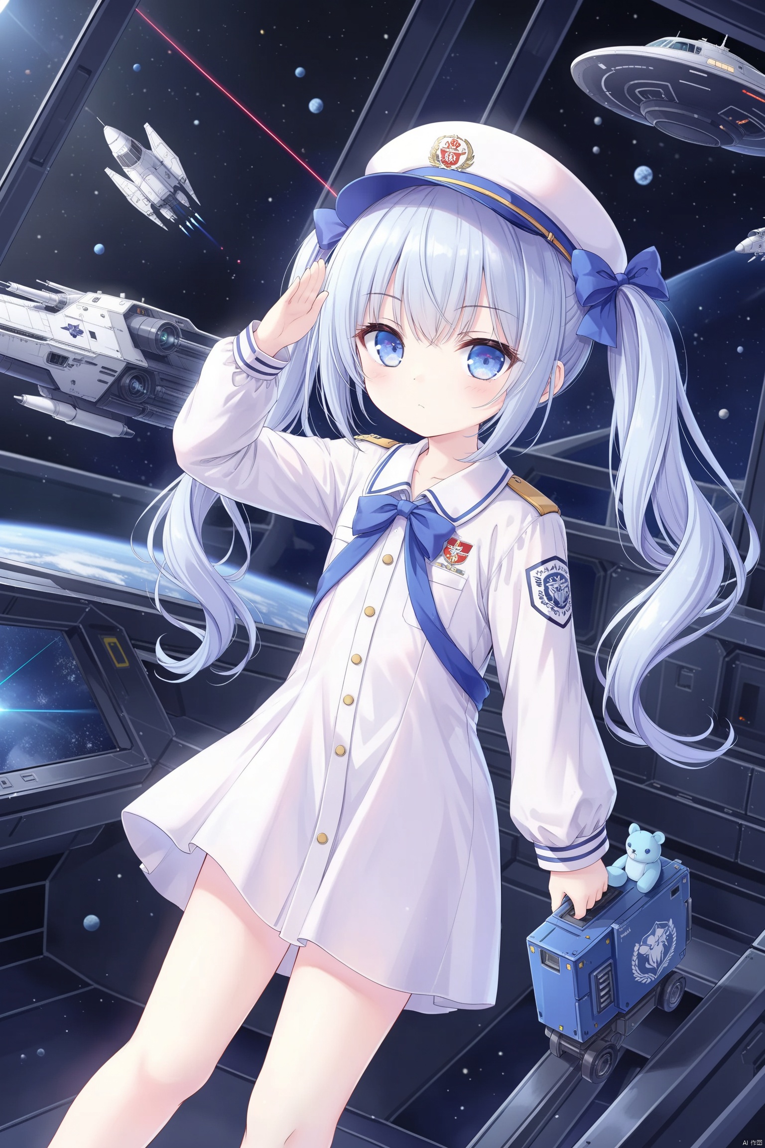 twintails,(loli),Wide-Angle, 1girl, solo, long_hair,Science Fiction Style, looking_at_viewer, blue_eyes,Cockpit, Window, Spaceship, Space Warship, Laser Cannon, Space Warsuit, Hat, Emblem, Space, Space Warfare, shirt,shirt bow,Salute, Serious,stuffed toy,holding stuffed sharkd,military uniform,ribbon