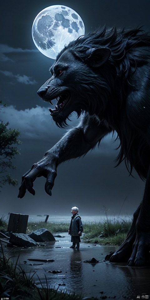 The picture shows a mass grave in the moonlight, surrounded by eerie silence, with the occasional cry of a wild beast. The figures of the grandfather and the protagonist appear particularly isolated in the night, adding to the mystery and tension of the story.An old man,A little boy,Complete province
