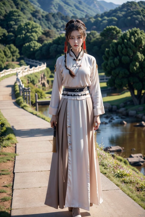 1girl,fullbody,longhair,necklace,earrings,braid,BarrenHills):1.2,Betweenmountainsandrivers,(Wuxia:1.5),(Xia Ke Feng:1.5),(Hanfu Skirt:1.4),Hanfu Ru Skirt,Real Face: 1.4 ,Real ambient light,Realbackground,,DelicateComposition,nature,cinematiclighting,pendant,blush,femaleXiastyle,long hair, white robe, holding a long sword, firm eyes, background landscape, ancient city wall, leaping posture, sunset, arrogant among the crowd expression, independence,,sword behind back,(Nude Pussy:1.4), Asian girl, poakl ggll girl, ((poakl))