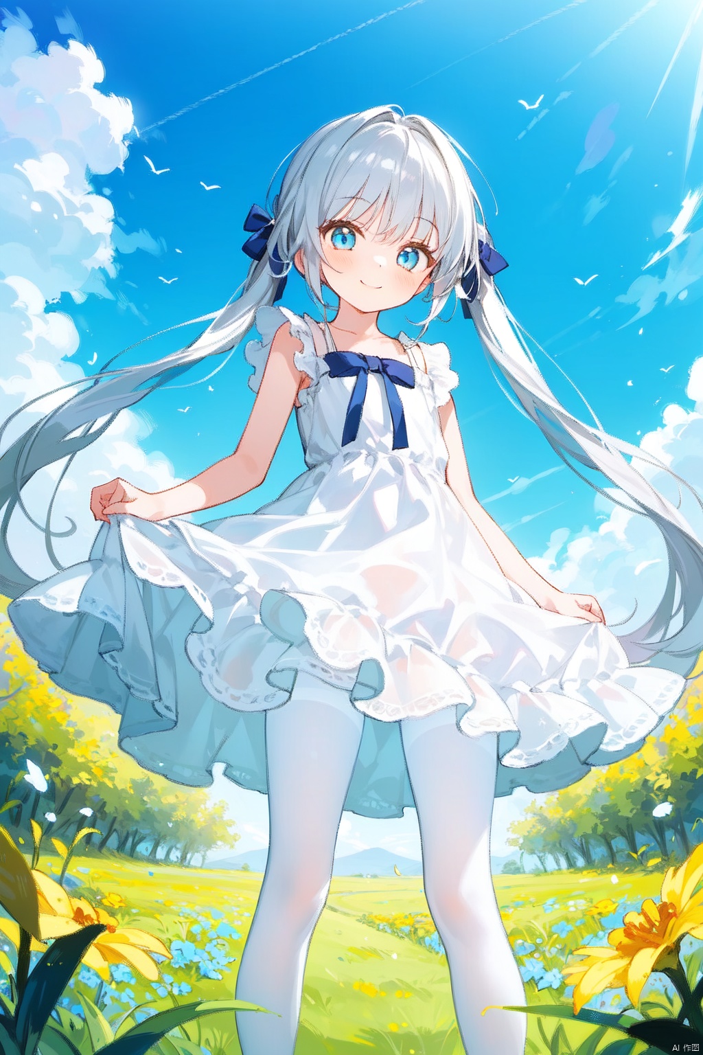  (masterpiece, best quality), one girl, long silver hair, light blue eyes, twin tails, white pantyhose, sundress, petite, smile, standing in a sunny field with a gentle breeze rustling the grass and flowers around her