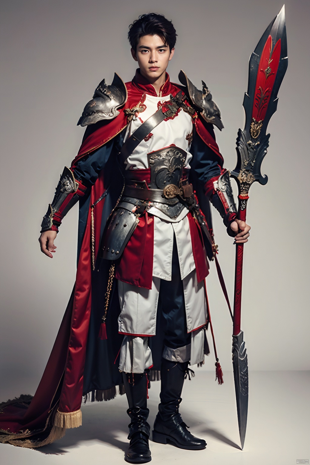 solo, 1boy, holding, standing, full body, weapon, male focus, red hair, boots, grey background, cape, holding weapon, armor, gradient, gradient background, helmet, polearm, shoulder armor, pauldrons, spear, red cape, holding polearm, plume