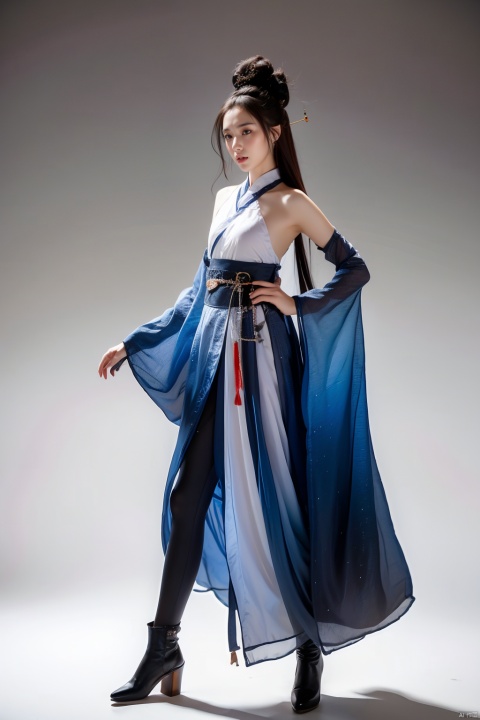 Ancient Chinese woman in Hanfu, single, 1 girl, standing, whole body, female focus, red hair, boots, grey background, cape, gradient, gradient background, protective layer,