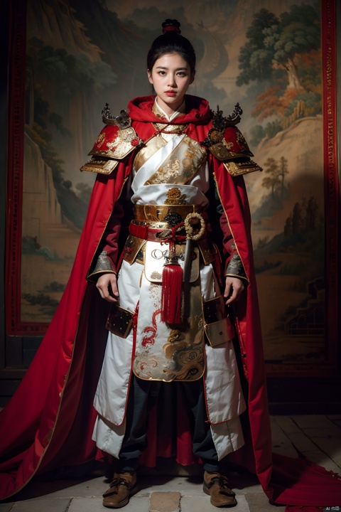 High quality, masterpiece, 1 boy, black armor, red cloak, full body photo, Han Dynasty style, warrior
