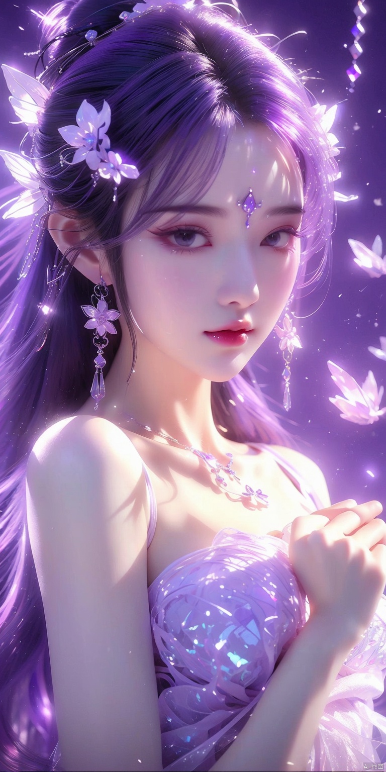  1 girl,(Purple light effect),hair ornament,jewelry,looking at viewer, (\meng ze\), wangyushan, dofas,(ultra-detailed crystallization),transparent crystals, qingyi