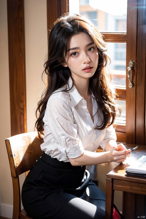  xiannv,1girl,long hair,black hair,skirt,solo,indoors,shirt,striped shirt,striped,holding,window,blurry background,black skirt,pen,blurry,leaning forward,parted lips,pencil skirt,brown eyes,table,chair,jewelry,collared shirt,cinematic,HD,Lucid,detailed,photography,colorful,atmospheric,perfect lighting,aesthetic,elegant,Delicate features, clear eyes, nose, mouth, ears, eyebrows, seductive expression, sexy lips