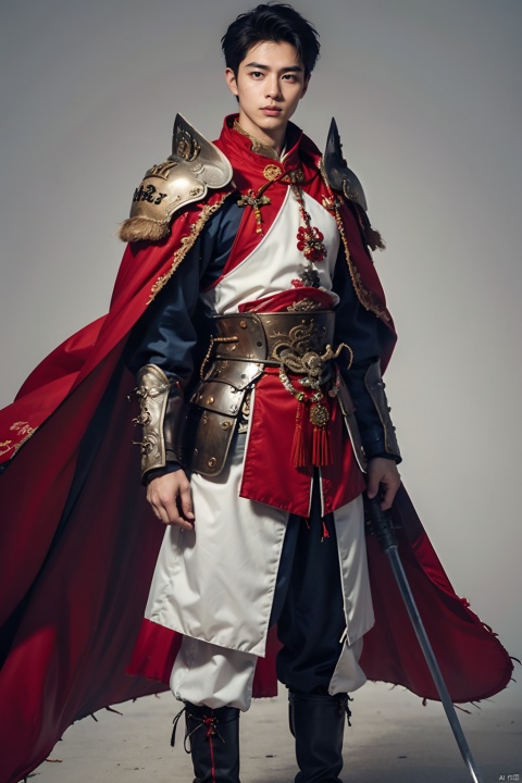 Ancient Chinese general, single, 1 boy, standing, full body, weapon, male focus, red hair, boots, gray background, cape, weapons, armor, gradient, gradient background, helmet, long handle, shoulder armour, protective layer, lance, red cloak, holding handle, feathers