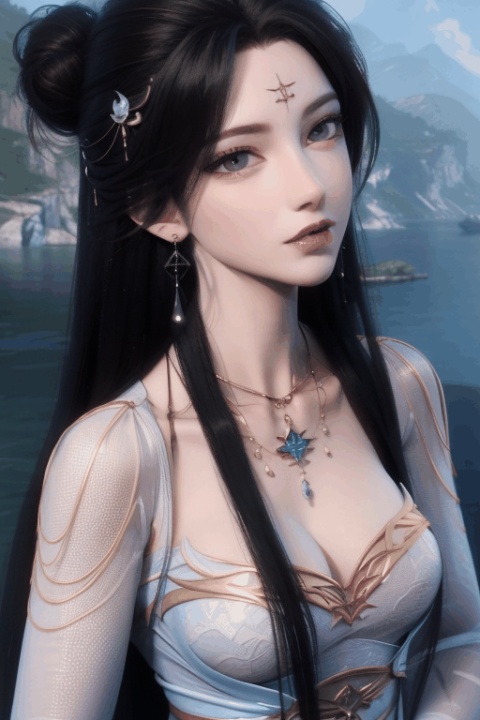  1girl, black hair, long hair, dress, solo, white dress, hair ornament, chinese clothes, facial mark, hair bun, forehead mark, earrings, perfect body, scenery, sharp focus, best quality, masterpiece, detailed outfit, illustration, perfect eyes, finely detailed beautiful anime eyes, realistic skin, intricate details, best lighting, depth of field, ultra high resolution,cowboy_shot, dynamic pose, dynamic angle, QINGYI