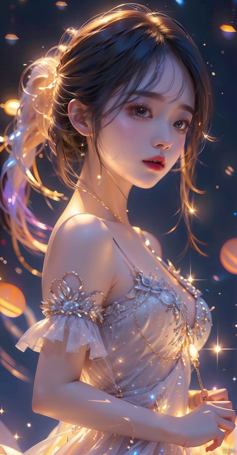  1 girl, glowing, dress, space, twintails, Sparkle, light particles, (\xing he\)