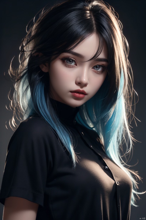 1girl, hair ornament, whole body,flower, hair flower, perfect hands, makeup, blue hair, eyelashes, show her ,(black eyes：0.7),(detailed beautiful eyes), ( detailed face),(extremely detailed CG, ultra-detailed, best shadow), ((depth of field)), (loses black shirt) ,her silky hair cascades down her back like a waterfall of ebony silk