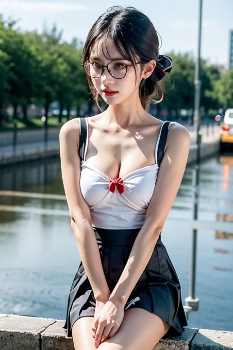  1girl,(smooth skin:1),(lens : 0.7),(from above : 0.7),(looking to the side:0.5),upper body,collarbone,large breasts,cleavage,white socks ,(pleated skirt :1),bow,socks,best quality,water,8k,glasses