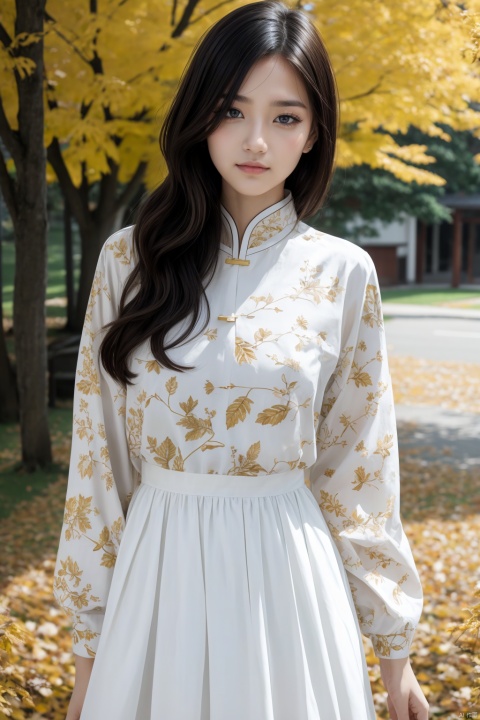  1 girl, wearing a white dress with floral patterns printed on it, featuring gold and white themes for a sense of coordination, order, half body, close-up, upper body, outdoor, front, best image, fallen leaves, branches, autumn leaves, Chinese clothing, ancient style, Chinese long skirt, long sleeves, double layered light gauze skirt, brown eyes, black hair, ultra-high definition, super-resolution, high-resolution,