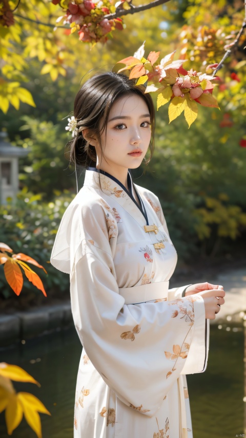  1 girl, wearing a white dress with floral patterns printed on it, featuring gold and white themes for a sense of coordination, order, half body, close-up, upper body, outdoor, front, best image, fallen leaves, branches, autumn leaves, Chinese clothing, ancient style, Chinese long skirt, long sleeves, double layered light gauze skirt, brown eyes, black hair, ultra-high definition, super-resolution, high-resolution, linzhiling, hanfu
