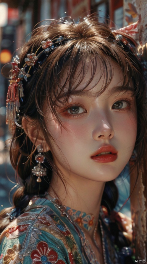 masterpiece, best quality,close-up, dusk, sun, girl, solo, long hair, brown hair, crossed bangs,antiquities, twin braids,(against wall),Ethnic Han clothing,o-ring halterneck,hair ornaments,well-drawn hands,fingers,brown gradient hair,long for