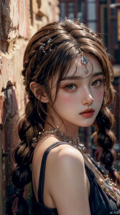 masterpiece, best quality,{looking to the side},close-up, fang out,dusk, sun, girl, solo, long hair, brown hair, crossed bangs,Ancient women, twin braids,(against wall),Ethnic Han clothing,o-ring halterneck,hair ornaments,well-drawn hands,fingers,brown gradient hair,long for