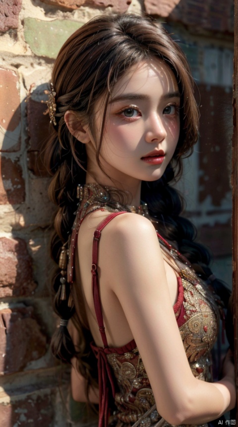 masterpiece, best quality,(looking back),close-up, fang out,dusk, sun, girl, solo, long hair, brown hair, crossed bangs,Ancient women, twin braids,(against wall),Ethnic Han clothing,o-ring halterneck,hair ornaments,well-drawn hands,fingers,brown gradient hair,long for