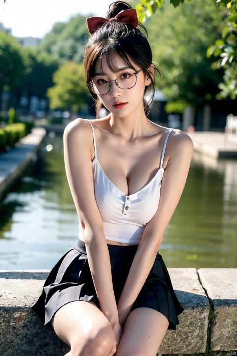  1girl,(smooth skin:1),(lens : 0.7),looking to the side,upper body,collarbone,large breasts,cleavage,white socks ,(pleated skirt :1),bow,socks,best quality,water,8k,glasses
