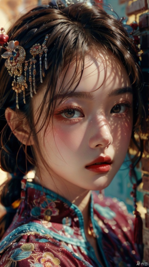 masterpiece, best quality,close-up, dusk, sun, girl, solo, long hair, brown hair, crossed bangs,antiquities, twin braids,(against wall),Ethnic Han clothing,o-ring halterneck,hair ornaments,well-drawn hands,fingers,brown gradient hair,long for