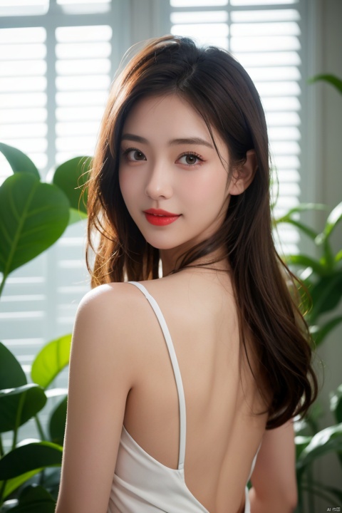 1girl, solo, long hair, looking at viewer, smile, brown hair, dress, bare shoulders, brown eyes, parted lips, looking back, indoors, from behind, white dress, blurry, lips, window, back, plant, backless outfit, realistic, bare back, backless dress, blinds