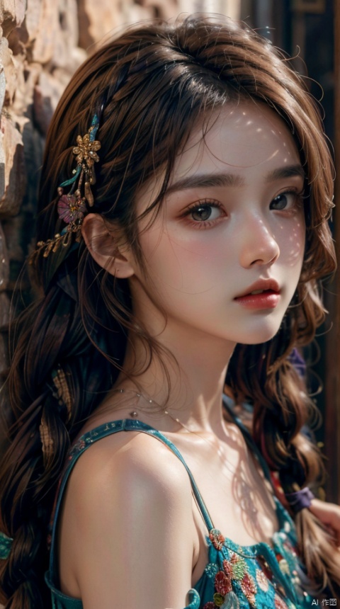 masterpiece, best quality,{looking to the side},close-up, fang out,dusk, sun, girl, solo, long hair, brown hair, crossed bangs,Ancient women, twin braids,(against wall),Ethnic Han clothing,o-ring halterneck,hair ornaments,well-drawn hands,fingers,brown gradient hair,long for