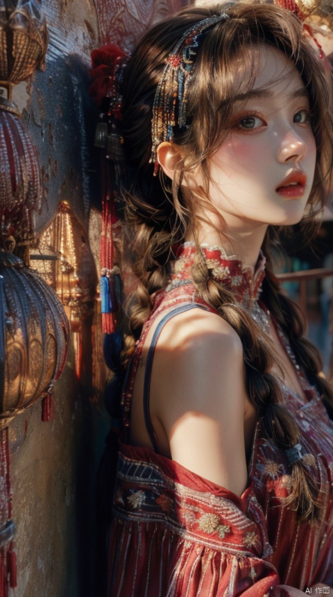 masterpiece, best quality, dusk, sun, girl, solo, long hair, brown hair, crossed bangs,antiquities, twin braids,(against wall),Ethnic Han clothing,o-ring halterneck,hair ornaments,well-drawn hands,fingers,red string,brown gradient hair,long for