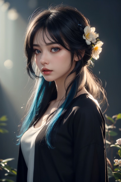 1girl, hair ornament, whole body,flower, hair flower, perfect hands, makeup, blue hair, eyelashes, show her ,(black eyes：0.7),(detailed beautiful eyes), ( detailed face),(extremely detailed CG, ultra-detailed, best shadow), ((depth of field)), (loses black shirt) ,her silky hair cascades down her back like a waterfall of ebony silk