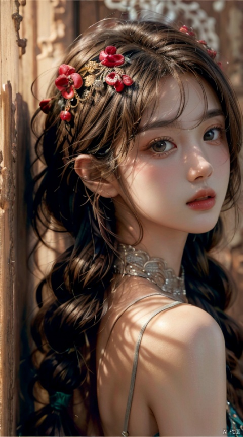 masterpiece, best quality,(looking back),close-up, fang out,dusk, sun, girl, solo, long hair, brown hair, crossed bangs,Ancient women, twin braids,(against wall),Ethnic Han clothing,o-ring halterneck,hair ornaments,well-drawn hands,fingers,brown gradient hair,long for