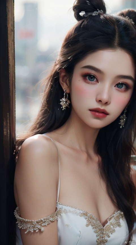 Masterpiece, Highest Quality, High Resolution, 1 Girl, Bun, Hairpin, Beautiful Face,Photography, enchanting lady, beauty, exquisite, charming, captivating eyes, classic Hong Kong style, flawless, silky skin, charming, alluring face, unique shooting setting, photography