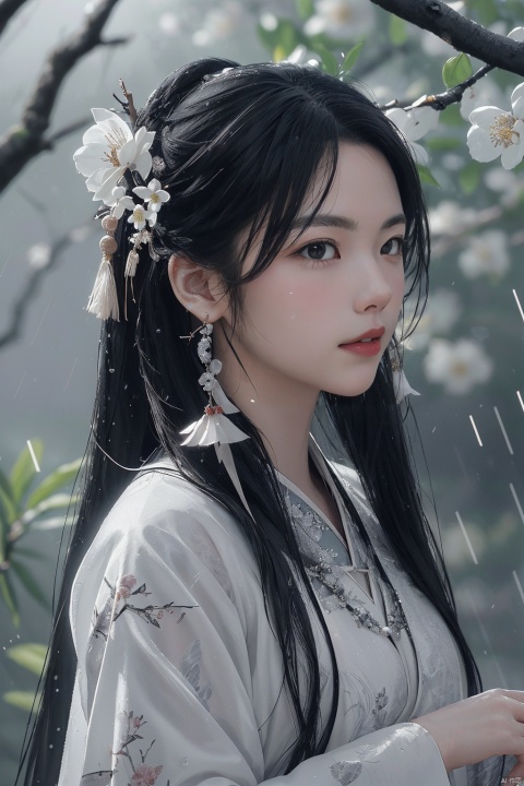  (\yan yu\),rainning,1girl, solo, jewelry, long hair, earrings, hair ornament, black hair, branch, flower, upper body, blurry background, chinese clothes, dress, hair flower, black eyes, closed mouth, realistic