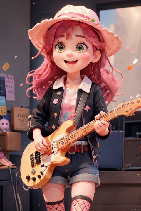  1girl, bangs, bass_guitar, belt, black_hair, black_jacket, black_shorts, blurry, blurry_background, breasts, cherry_blossoms, concert, confetti, electric_guitar, fishnet_legwear, fishnets, garter_straps, guitar, hat, holding, holding_instrument, instrument, jacket, long_hair, microphone, microphone_stand, multicolored_hair, music, open_clothes, open_jacket, open_mouth, petals, playing_instrument, plectrum, red_hair, blue_hair,pink_hairshirt, shorts, smile, solo, spotlight,stage,streaked_hair,thighhighs,迪士尼