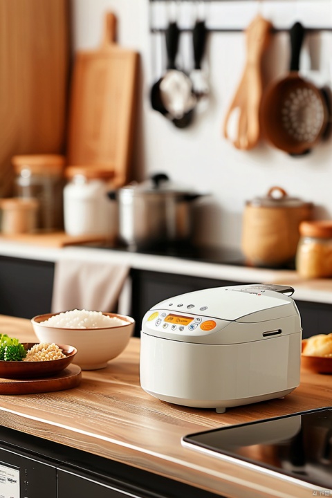  A rice cooker is placed on the kitchen table