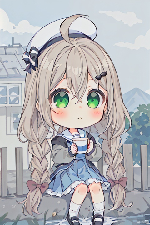 1girl, solo, long hair, looking at viewer, blush, bangs, skirt, brown hair, shirt, hair ornament, long sleeves, hat, bow, holding, hair between eyes, twintails, sitting, very long hair, closed mouth, green eyes, jacket, braid, ahoge, hair bow, pleated skirt, outdoors, food, open clothes, sky, shoes, day, socks, cloud, sailor collar, water, chibi, black footwear, twin braids, open jacket, cup, blue sky, blue skirt, sleeves past wrists, black bow, blue dress, low twintails, beret, white headwear, cardigan, cloudy sky, white socks, holding cup, white sailor collar, drinking straw, brown jacket, disposable cup,lolita_fashion, 372089, 30710, cozy anime,lace_trim,lace,lolita