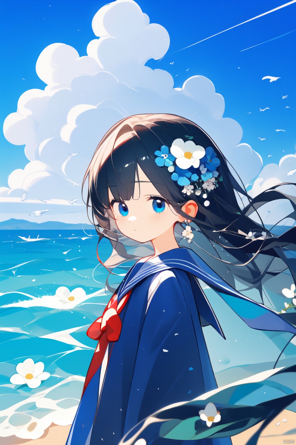  1girl, solo, long hair, looking at viewer, bangs, blue eyes, black hair, hair ornament, long sleeves, dress, bow, closed mouth, flower, outdoors, sky, cloud, hair flower, sailor collar, water, from side, blue sky, capelet, ocean, cloudy sky, blue flower, blue theme, horizontianliang duohe fangdongye,chen bin,omone hokoma agm tianliang duohe fangdongye,chen bin,omone hokoma agm,torino aqua, tuyagirl