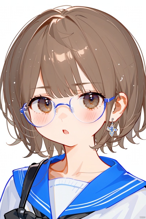  1girl, solo, looking at viewer, blush, short hair, open mouth, bangs, brown hair, shirt, brown eyes, white shirt, earrings, glasses, :o, portrait, round eyewear, earphones, looking_at_viewer, collarbone, black_sailor_collar