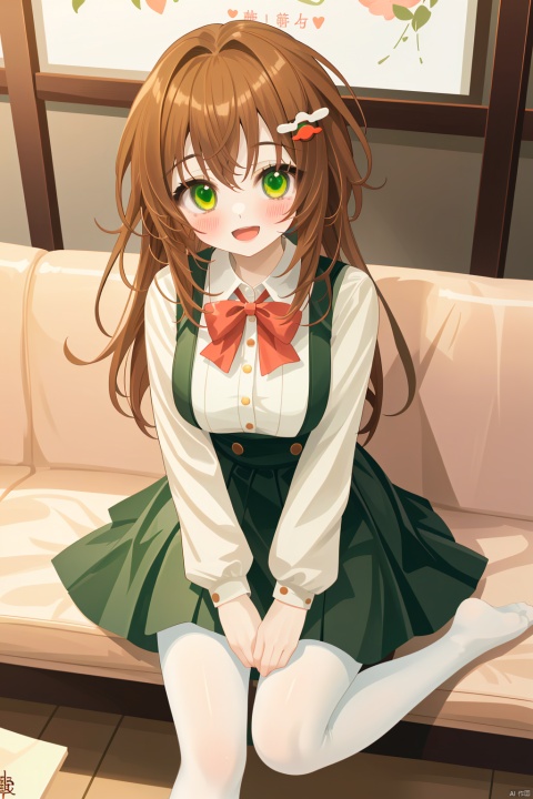 masterpiece,best quality,illustration,ultra detailed,hdr,Depth of field,(colorful),[iumu],[Artist chen bin],Artist himitsu_(hi_mi_tsu_2),1girl,solo,hair_ornament,pantyhose,sitting,long_hair,green_eyes,looking_at_viewer,brown_hair,dress,open_mouth,shirt,white_shirt,white_pantyhose,indoors,no_shoes,blush,long_sleeves,bangs,chocolate,bow,leaf_hair_ornament,couch,box,food,holding,valentine,dated,from_above,breasts,smile,collared_shirt,