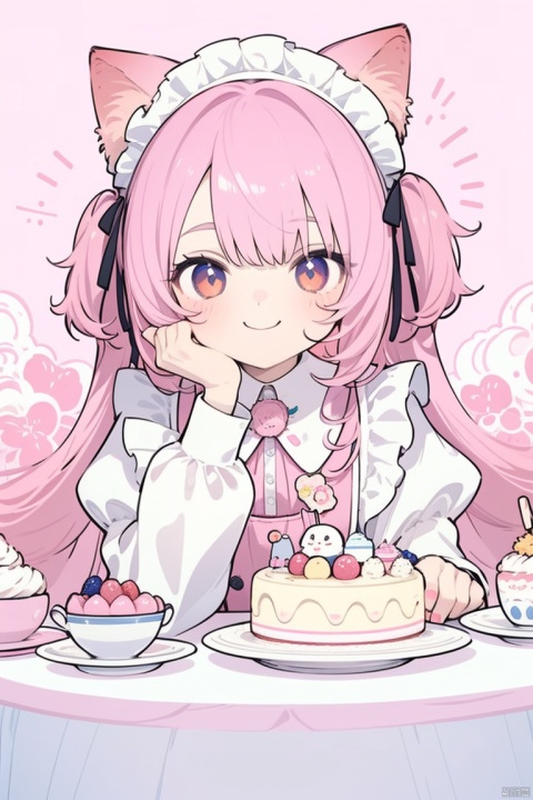 loli, A cute girl sits at a round table with many cakes in fresh and cute colors, catgirl, smile, pink hair,  girly_hair, maid_uniform, wink, hand with fork, Various desserts, Soft color scheme