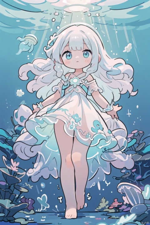  (girl with jellyfish motif:1.3), (flowing translucent dress:1.2), (luminous glow:1.3), (long wavy hair resembling tentacles:1.2), (delicate and graceful movements:1.3), (underwater ambiance:1.2), (floating effortlessly:1.2), (soft pastel colors:1.1), (ethereal beauty:1.3), (surrounded by small jellyfish:1.2), (gentle expression:1.1), (reflective eyes like deep sea:1.2), (barefoot with delicate feet:1.0), (ambient bubbles around:1.1), (mysterious aura:1.2), nsfw, multiple girls