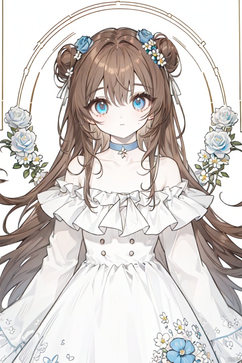  1girl, bangs, bare_shoulders,beauty face,PERFECT FACE,(white skin with light:1.2) white_bow, blue_eyes, blue_flower, blue_ribbon, blue_rose, bow, choker, closed_mouth, collarbone, double_bun, brown hair, dress, eyebrows_visible_through_hair, flower, frills,hair_flower,  long_hair, long_sleeves, looking_at_viewer, off-shoulder_dress, off_shoulder, ribbon, rose, sitting, sleeves_past_wrists, solo, very_long_hair, white_dress, white_flower, white_rose, wide_sleeves, eluosi