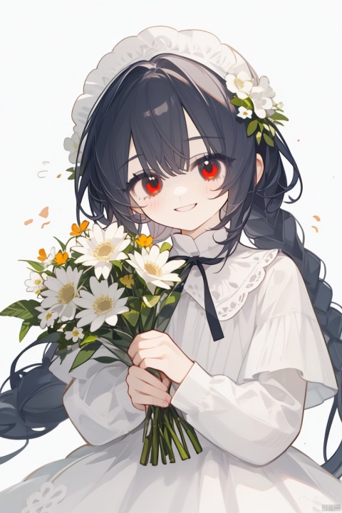  1girl, solo,1girl, solo, long hair, looking at viewer, Beautiful girl, perfect face,smile, bangs, simple background, red eyes, long sleeves, white background, dress, holding, very long hair, braid, flower, white dress, grin, white flower, bouquet, holding flower,contour light, high detail, 8K,cuteloli, nai3, (/qingning/)