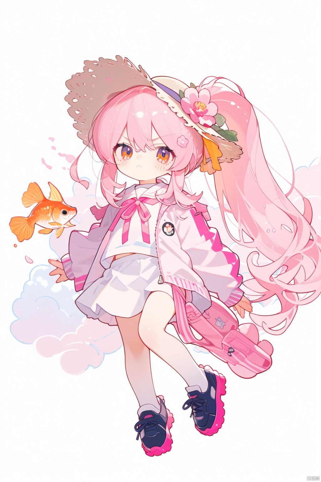  white background,solo, , solo,loli,Pink hair,Yellow eyes,high ponytail,beach,high ponytail, ,hair flower,frilled shirt collar,facula,spot,messy hair,fipped hair,floating hair,(petite),(loli),(solo),(pink open jacket),blank stare, pink ribbon,white sun hat, (full body),blue sky,cloudy,white serafuku,white skirt,goldfish