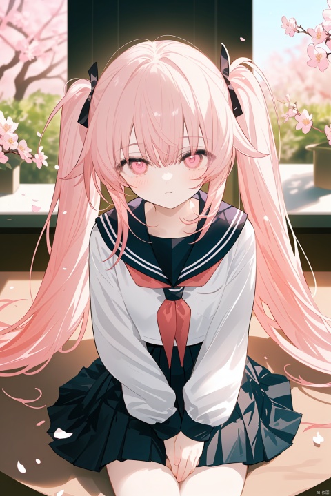  Character Features:

1girl, solo, long_hair, pink_hair, cherry_blossoms, skirt, very_long_hair, ripples, school_uniform, twintails, black_skirt, reflection, serafuku, from_above, neckerchief, shirt, pleated_skirt, pink_eyes, sailor_collar, long_sleeves, black_shirt, flower, black_serafuku, sitting, water, looking_up, bangs, looking_at_viewer, petals, closed_mouth, black_sailor_collar
Color Suggestions:

Use soft, warm tones like pink, beige, or light purple to create a warm ambiance for the character.

Apply light color contrasts and layers in clothing and background, such as pale blue or off-white, to highlight the figure.

The light and shadow should be soft and natural, simulating natural light to achieve a warm and inviting effect.

Background Suggestions:

blurry background, using light-toned, undisturbed backgrounds or natural elements like distant hills or gently fluttering curtains to complement the character's tranquility and softness.

Consider adding a few faint flowers or delicate plant details to enhance the harmony between the character and her environment.

Ensure smooth and graceful hand lines to convey the character's gentleness and delicacy.
