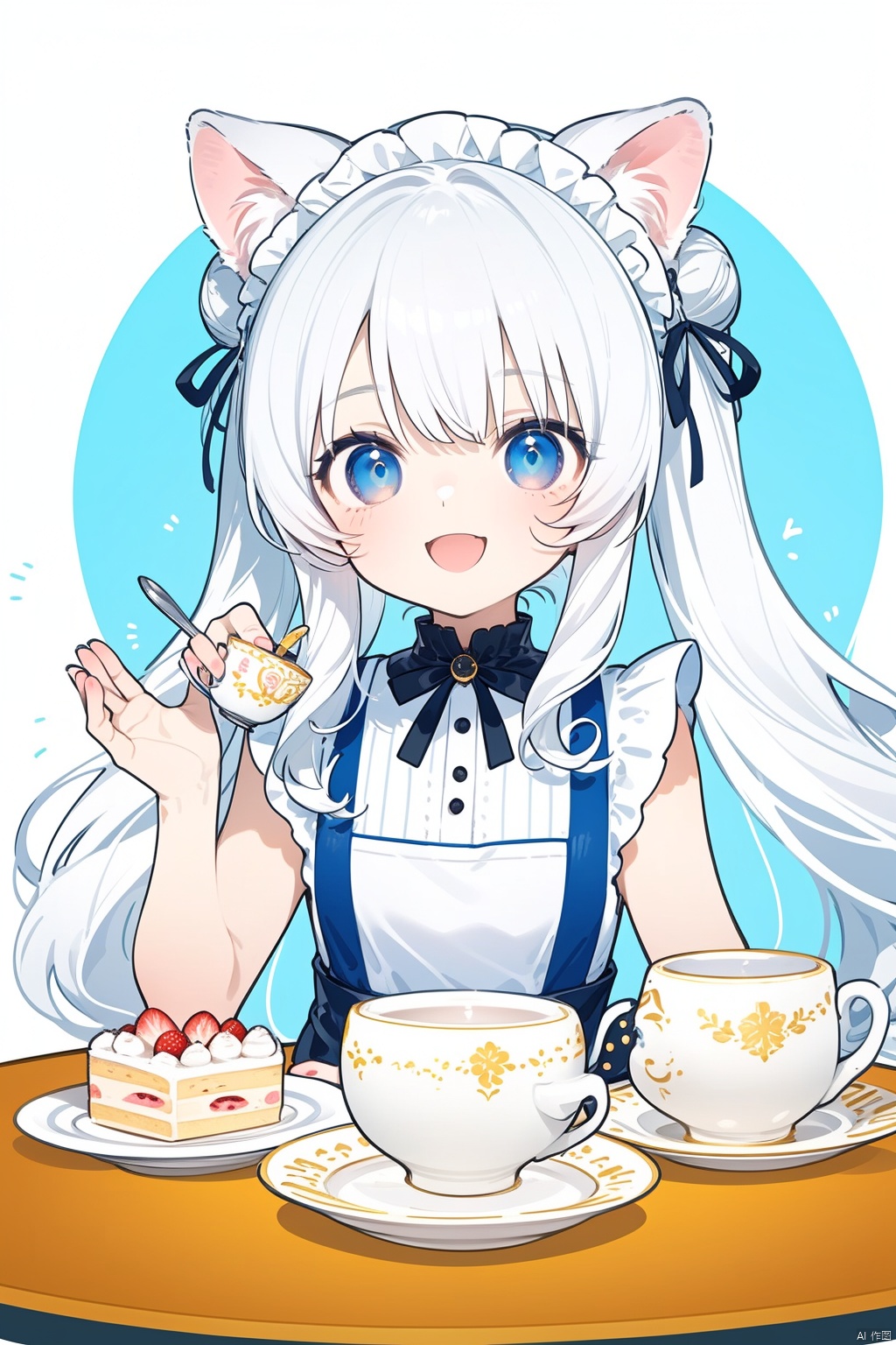  A cute girl sits at a round table with many cakes in fresh and cute colors, double hair bun , bunny girl, :d, white hair, long hair, maid_uniform, loli, blue_eyes , raise hand, holding a cup ,tea cup, sleeveless dress, nai3